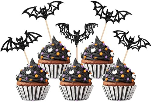 Xsstarmi 30 Stück Halloween Fledermaus Cupcake-Topper – schwarze Glitzer-Fledermaus-Cupcake-Picks für Halloween, Motto-Babyparty, Kindergeburtstag, Party, Kuchendekorationen