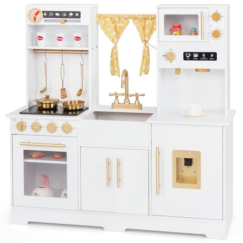 COSTWAY Cuisine Enfant avec Lumière & Effet Sonore, Cuisiniere Enfant avec Rideau & Cafetière, Distributeur d'eau, Espace de Rangement, Jeu de Cuisine pour Garçons Filles de 3 Ans+