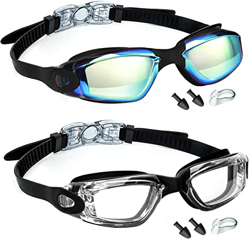 MUETKNYE Swim Goggles 2 Pack Swimming Goggles Anti Fog No Leaking For Adult Women Men Youth (Aqua&Clear)