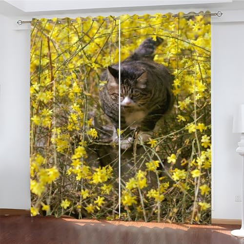 YZQGLHP Gardinen Gelbe Blume Vorhänge Haustierkatze Verdunklungsvorhänge Schiebe Schallschutz Vorhang mit Ösen für Schlafzimmer Wohnzimmer H245 x B140 cm 2 teiliges Set