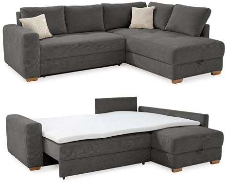 luma-Home 15211/ Ecksofa-Dauerschläfer, Boxspringpolsterung, Dunkelgrau | B257/T206/H85 cm, Federkern & Wellenfedern, Topper, Bettkasten, Schlaffunktion, Ottomane beidseitig montierbar, Cord-Bezug