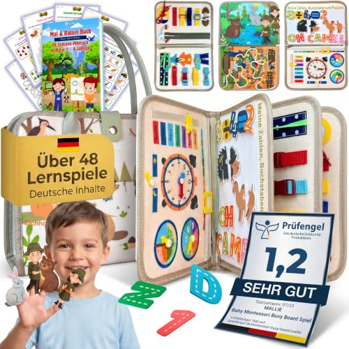 Mallie® Montessori Busy Board ab 1 2 3 4 Jahren inkl. Gratis Mal & Rätsel 48-Seiten Heft mit Rollenspiel-Set & Fingerpuppen Lernbuch - Feinmotorik & Konzentration Quiet Book, Activity Board Quiet Book