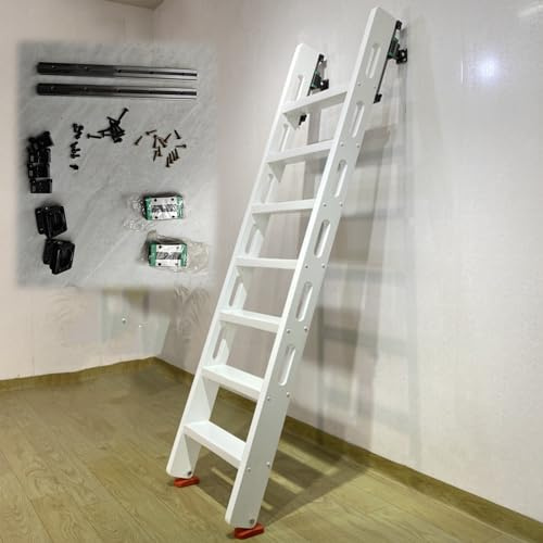 EXCLURA Loft Wood Stairs with Mounting Accessories, Portable Attic Egress Ladder Length 3.3-8.5ft, Space-Saving Emergency Climbing Ladder for Home Loft(White,7 Step-2.08m(6.8ft))