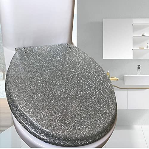 Abattant WC rond en résine pailletée argentée avec fermeture douce et facile à installer Compatible avec les toilettes standard Disponible en quatre couleurs