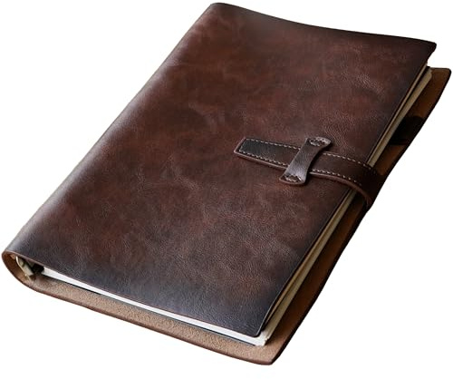 Påfyllningsbar A5 läderpärm anteckningsbok, återanvändbar läderjournal, vintage organiserare med 6-ringar metallbindare, 120 sidor linjerat papper och ficka, för författare affärsarbete studier