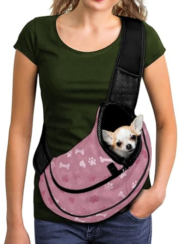 COEQINE Haustier-Tragetasche für Katzen, rosa Pfotenabdruck, Hundetasche für kleine Hunde, atmungsaktive Netztaschen, dick gepolsterter Schultergurt, Kordelzug, Welpen, Papoose für den Außenbereich