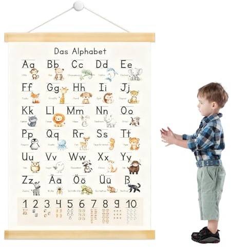 Zovator ABC Poster für Kinder 30x40 cm, Lernposter mit Alphabet und Zahlen aus Holzrolle, für Kinderzimmer, Kindergarten, Vorschule und Grundschule
