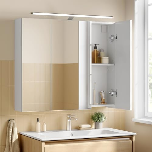 VASAGLE KAILYN Collezione - Armadietto da Bagno Sospeso con 3 Ante a Specchio e Illuminazione, Ripiani Regolabili, Stile Moderno, 15 x 70 x 60 cm, Bianco Nuvola BBK139WB01