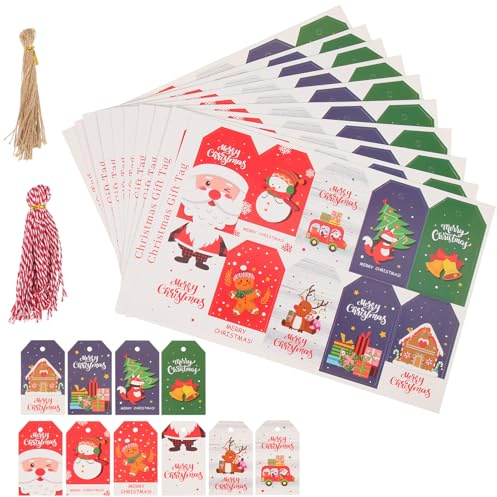MOLUCKFU 100 Etiquetas Colgantes de Navidad DIY para Regalos y Decoración Tarjetas de Papel 50 Cordeles Rojos y Blancos 50 Cordeles de Yute Natural para Fiestas y Manualidades Navideñas