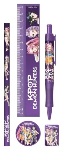 K Pop Demon Hunters 5 Piece Stationery Set, Official Licensed K Pop Themed School Supplies, Writing Accessories Kit for School, Study, Journaling, Desk Organisation, Fan Gift