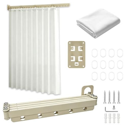 Yinnhom Faltbarer Duschvorhang mit Stange, 4-Fach Klappbare Duschstange, Wandmontage Eckvorhangstangen für Badezimmer Badewanne Umklei, Faltbar und Platzsparend, Ohne Bohren, 121x180cm (Weiß)