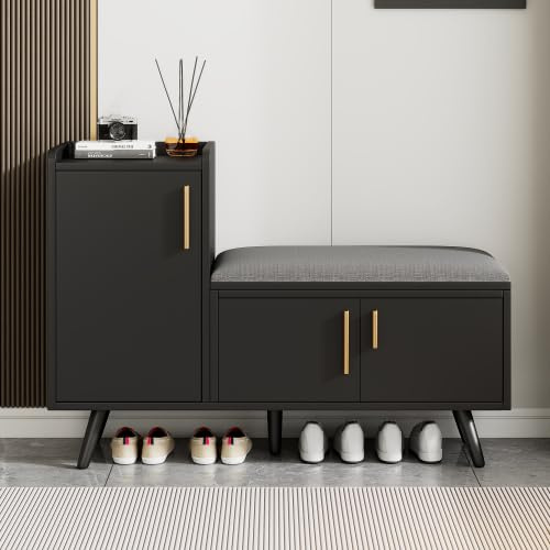 Merax Zapatero con banco – Zapatero moderno con asiento, baúl con tres puertas de almacenamiento, asiento acolchado, asas de metal, color negro, 100 x 34 x 69 cm