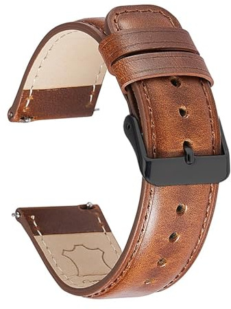 HuanJ Snabbkoppling Av Läderarmband Handgjort Kohudsbälte Med Stålstift Spänne Klocktillbehör Oljevaxarmband 20 Mm 22(Dark Brown-Black,20mm)