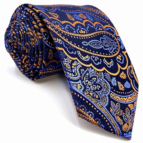 shlax&wing Hommes Cravate Paisley Navy Orange Soie Designer Classic