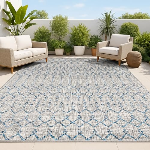 JONATHAN Y SMB108A-8 Ourika Tappeto marocchino a trama geometrica per interni ed esterni,bohémien,scandinavo,facile da pulire,cortile,patio,non perde pelo,grigio chiaro/blu scuro,240 cm X 300 cm