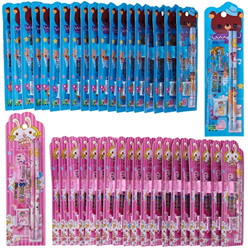 THE TWIDDLERS - 40 brevpappersset för barn, 20 rosa och 20 blå - Innehåller två pennor, linjal, vässare och suddgummi - Multipack - perfekt att fylla festpåsen med för barn