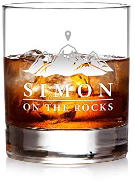 AMAVEL Whiskyglas mit Berg Silhouette und On The Rocks Gravur, Personalisiert mit Name, Füllmenge: 320 ml