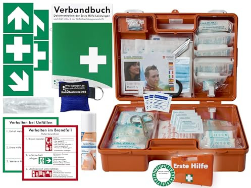 Verbandskoffer/Verbandskasten (M) Typ SN -Paket 1- Erste Hilfe nach aktueller DIN 13157 für Betriebe INKL. Verbandbuch + Sprühpflaster & Notfallbeatmung + AUFKLEBER