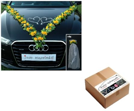 VIP Girlande 64 hochwertige Rosen 16 extrastarken Saugnäpfen 2 x 180 cm Girlande 4 Türgriffdekorationen 2 Rattanherzen Braut Paar Autoschmuck Hochzeit Car Auto Wedding PKW ®Auto-schmuck (Gelb)