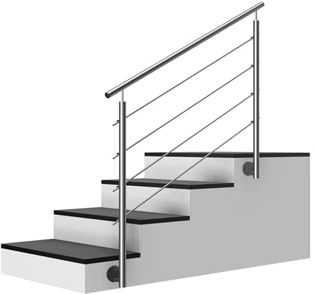 Edelstahl Treppengeländer Seitenmontage, 1m lang, 0,9m hoch, Außengeländer, je 2 Pfosten + 4 Querstreben + Handlauf mit Trägerplatten + Zubehör, Winkelverstellbar (L:1000mm H:900mm)
