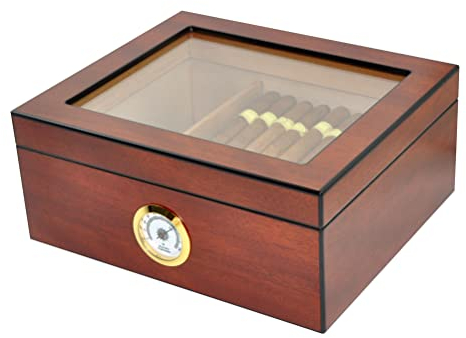 Humidor per sigari Eitida, custodia per 25-50 sigari, piano in vetro temperato, scatola portaoggetti realizzata a mano in legno di cedro spagnolo con divisorio, umidificatore e igrometro, ciliegio