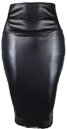 Minetom Jupe Crayon en Similicuir Femme - Moulante Business Taille Haute Portefeuille Avec Ourlet Fendu sur Le Côté - Noir XXL