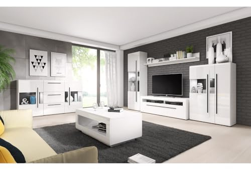 Lomadox Wohnzimmer Set inkl. Wohnwand Sideboard Couchtisch und Beleuchtung in Hochglanz weiß mit Absetzungen in schwarz