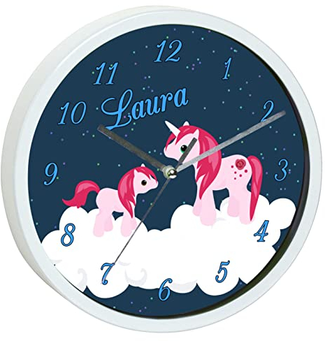 CreaDesign, Wanduhr Kinder personalisiert mit Name, Motiv Einhorn, Rahmen Wanduhr weiß, Ø 19,5 cm
