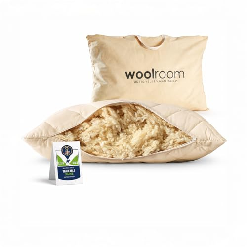 WOOLROOM Organic British Wool Pillow, Adjustable Firmness - Traceable Certified Hypoallergenic Cooling - Machine Washable Organic Cotton Cover 300tc - Standard Size Bed Pillow, 48x78 cm
