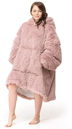 Oversize Hoodie Blanket Snug and Cosy Faux Fur Wearable Blanket Shaggy Fluffy Teddy Soft Hoodie Gift For Him Her with Pocket (Fluffy Pink Alaska)