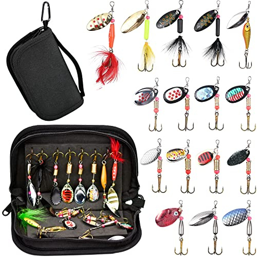 MINSHUXI 16 Stück Angelköder Set Kunstköder Spinner Angeln Set Blinker Angel Köder Wobbler Pailletten Spinner Angelköder mit Tragetasche für Forelle Barsch Hecht Zander