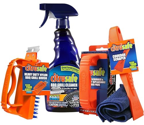 Citrusafe Complete Grill Cleaning Kit - Grill Cleaner Spray (16oz), Scrubber 3 Pack, Nylon Brush, Cookbox Scraper and Microfiber Cleaning Towel - Tools to Clean BBQ Grill Grates, Smokers, Ovens