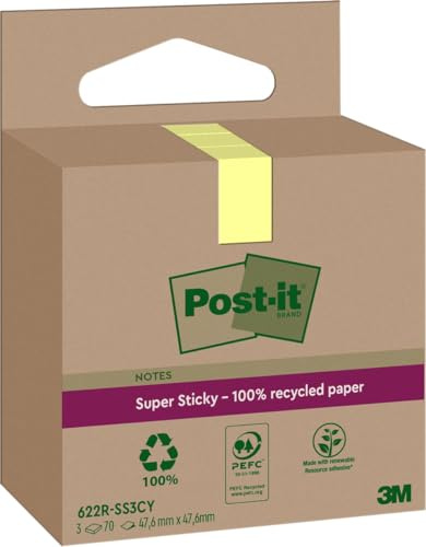 Post-it Super Sticky Recycling-Notes, 3 Blöcke (210 Blatt), 47,6 x 47,6 mm | Selbstklebende Haftnotizen mit Stärkerer Haftung, Klebezettel für Bürobedarf, Erinnerungen & To-Do-Listen; Repositionierbar