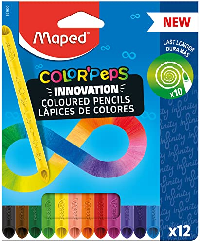 Maped - Matite colorate innovative COLOR'PEPS INFINITY – 12 pezzi – 100% mina colorata – non è necessario temperare – utilizzabile al 100% – morbido e molto piacevole sulla carta