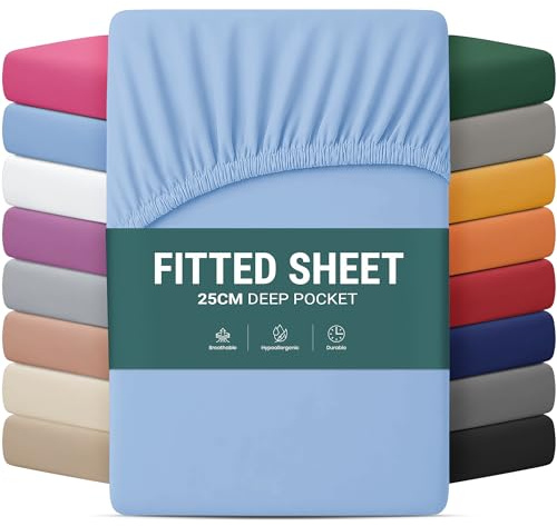 Yorkshire Bedding Single Bed Sheets 25 CM Deep Sky Blue Bedsheets with Elastic Corners Easy Care Soft Brushed Microfiber Fabric Breathable Shrinkage Fade-Resistant
