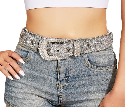 NociHah Westerngürtel für Damen, Herren, Gürtel mit Strassschnalle, Gürtel, türkis, geschnitztes Muster, Westerngürtel, 3,8 cm langer silberner Strass-Gürtel, 3.8cmx115cm