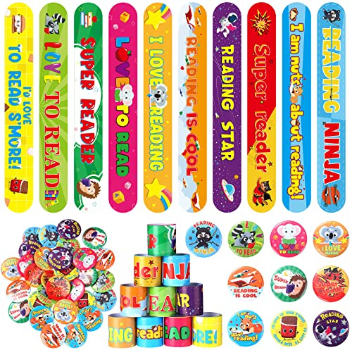 Frienda 60 Pcs Love to Read Slap Bracelets with Reading Button Pins Bulk Pack, Retro Reading Reward Bracelets Badges for Classroom Teacher Student Prizes, Book Week Sunday School Library Incentives