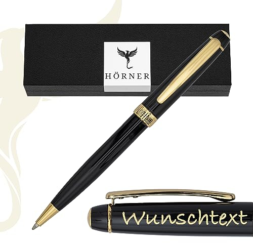 Hörner Nobilis Design Kugelschreiber mit Gravur I Premium Geschenk-Box I Strichstärke M 1 mm I Personalisierter Drehkugelschreiber I Stift für Männer und Frauen I Kugelschreiber gold - schwarz