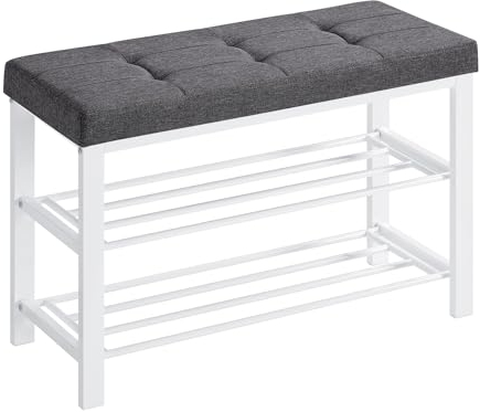 SONGMICS Schuhbank, Schuhregal mit 3 Ebenen, Schuhaufbewahrung, Sitz mit Schaumstoffpolsterung, Leinen, Metallrahmen, für Wohnzimmer Eingangsbereich, 31 x 81 x 49 cm, weiß-grau LBS057W03