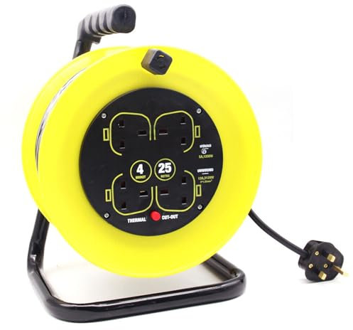 25 Metre Extension Lead, Extension Cable with 4 UK Socket， Metal Frame - Free Standing, Outdoor Extension Lead Reel, Heavy Duty Cord Reels with Electric Cut Out to Prevent Overloading, 240V（Yellow）