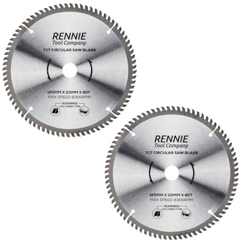 Rennie Tool 2pc 185mm x 20mm Bore (16mm Ring) x 80T TCT Circular Saw Blades | Fits Evolution Bosch Makita Circular Saws Etc. 185mm Wood Saw Blades For Fine Cuts x 20mm Bore + 16mm Bore Reduction Rings