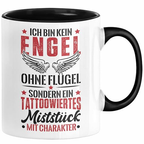 Tattoo Tasse Geschenk Ich Bin Kein Engel Ohne Flügel Frauen Geschenkidee Spruch Tattoowiertes Mis**** (Schwarz)
