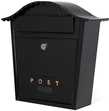 Assorted Collections Wall Mounted Post Box Contemporary Design Large Letterbox Lockable 2 Keys Iron Weatherproof Mailbox Easy To Install - Black, 35.5 x 26 x 10 cms