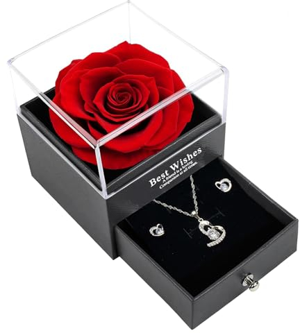 Wonvin Collection Geschenke für Frauen,Ewige Echte Rose mit Herz Halskette und Ohrringe aus 925 Sterlingsilber, Infinity Rosen Geschenkbox für Valentinstag, Muttertag, Weihnachten (Red)