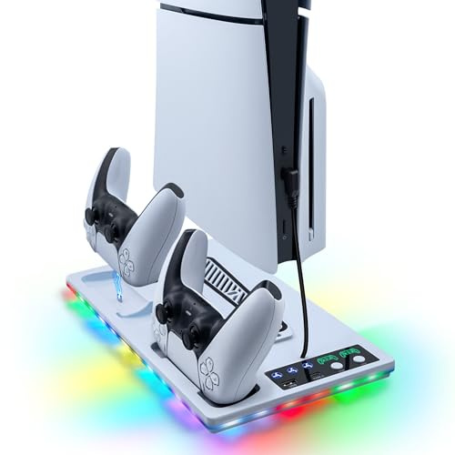 Wigearss Station de Refroidissement pour PS5/PS5 Slim/PS5 Pro avec Ventilateur, Support de Charge et Double Chargeur de Manettes, Lumière RGB et 2 Ports USB, Compatible avec PS5/PS5 Slim/PS5 Pro