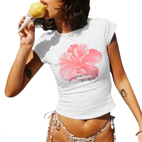 Yassiglia Damen Sommer T-Shirt Kurzarm Crop Top Elegant Blumen Druck Tunika Oberteile Y2K Baby Tees Basic Slim Fit Tops Summer Aesthetic Clothes (Weiß-Rosa B, M)