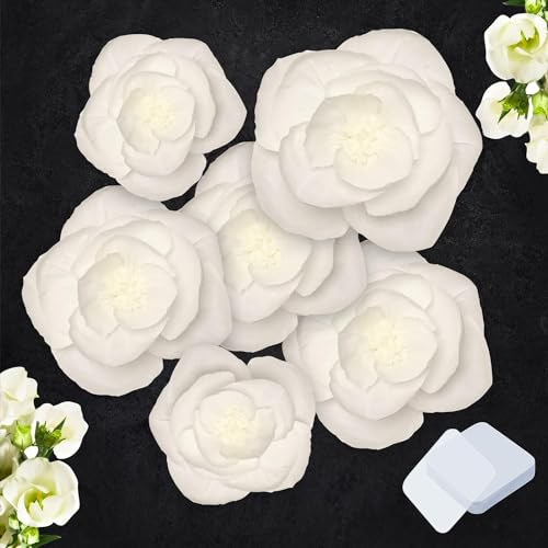 Theaque 6 Stück extra große weiße Papierblumen-Dekorationen für die Wand mit 10 Gel-Pads, große Blumendekorationen für Geburtstag, Hochzeit, Party, Hintergrund, Babyparty, Brautparty, Kinderzimmer,