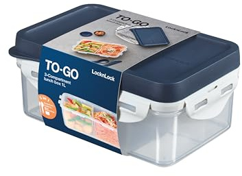 LocknLock TO GO Lunchbox mit Fächern 1L, Bento Box Erwachsene mit 3 Fächern, Messer & Gabel & Saucenbecher, luft- und wasserdichte Meal Prep Box, Spülmaschinen-& Mikrowellengeeignet, BPA-Frei