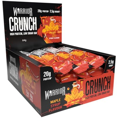 Warrior Crunch Protein Bars, Maple Syrup 12 x 64g – High Protein Snacks (20g), Low Sugar, Low Calorie Snack Bar, Guilt-Free On-the-Go Treats, Multipack Diet Bars for Weight Loss | 12 bars, 20 g protein, low sugar, protein snacks, sports and everyday