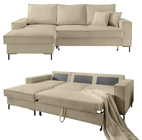 Modernes Cord Ecksofa B240/T150/H92 cm mit Schlaffunktion und Bettkasten, Wellenunterfederung, L-Couch mit Recamiere links, Liegefläche 125x198 cm, Cord-Bezug in Beige Grau / 17223